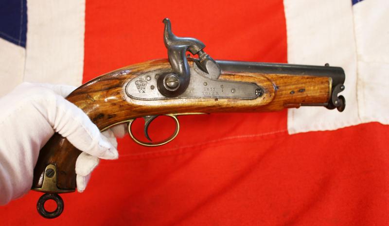 A Rare Crimean War Issue, P1839 Tower of London Royal Naval Sea Service Pistol, In Spectacular, As issued Condition, With Original Finish, Blue and Stock Varnish. Positively and Profusely Stamped & Ordnance Marked, With Numerous Inspection Marks